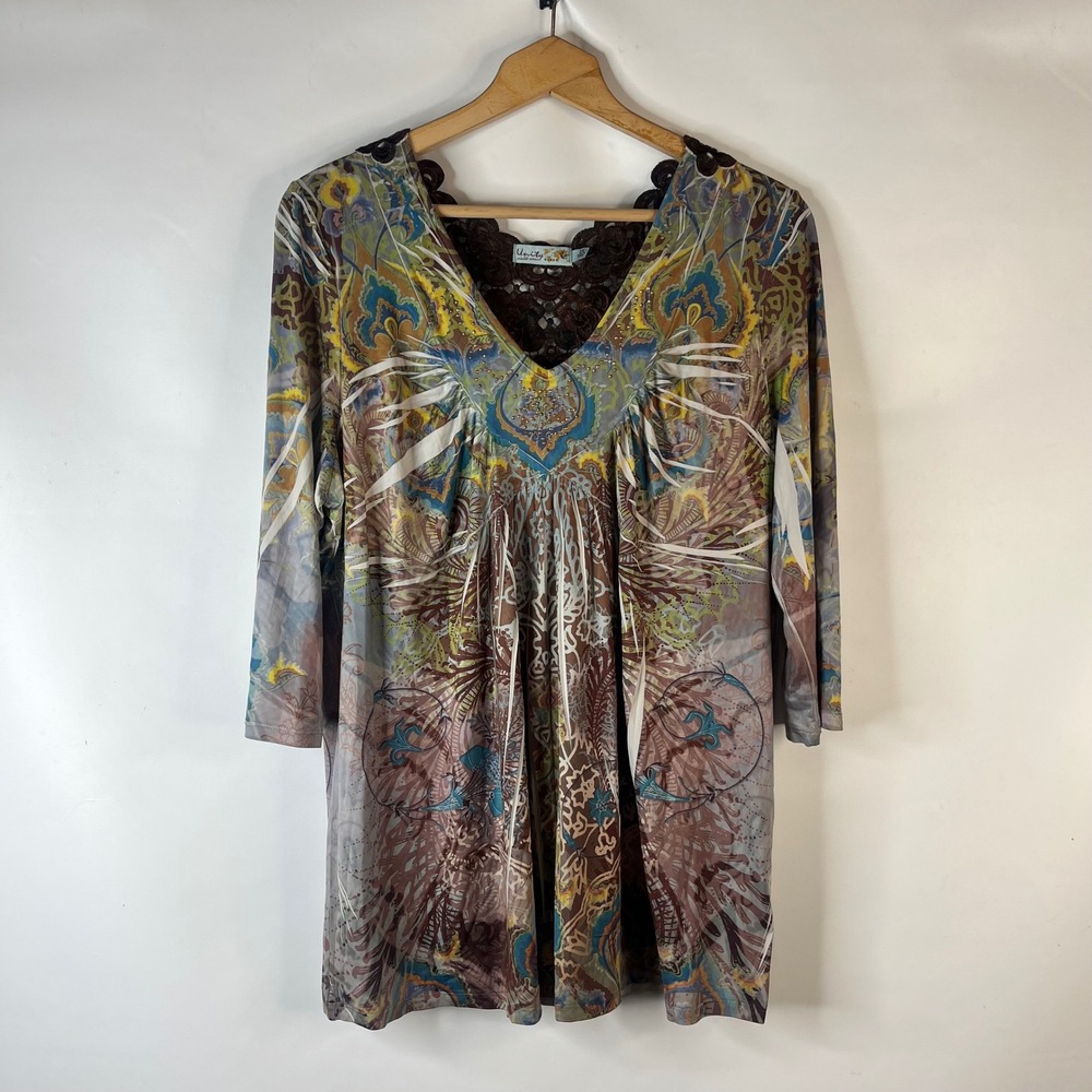 Unity World Wear Tunic Top Women 2X Brown Multi Paisley Crochet Lace Rhinestone